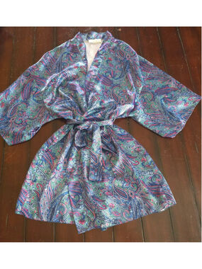 Women's Vintage Coquette VAL MODE Paisley Satin Short Robe M Blue Pink Summer